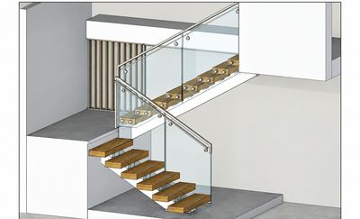 3D render of a floating timber staircase with glass balustrade design