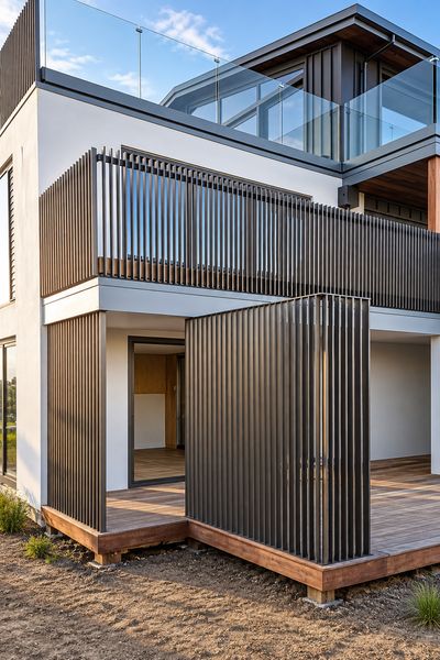 Black slat aluminium balustrade on a home exterior, Whangamata