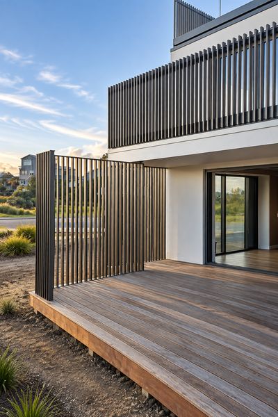 Black slat aluminium balustrade on a home exterior, Whangamata, evening light